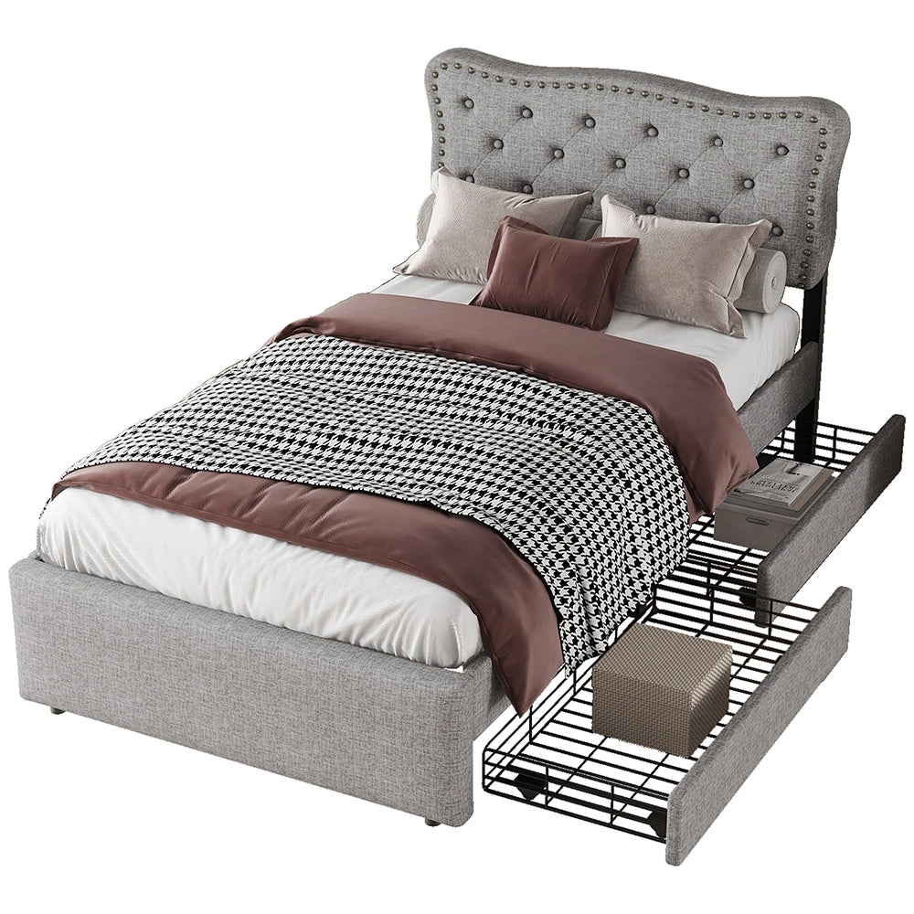 Letto imbottito per adulti 90x200 cm - Xylo - Grigio con testiera rivettata e cassetti