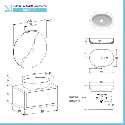 Mobile bagno sospeso 80 cm rovere miele con lavabo a bacinella e specchio tondo Master
