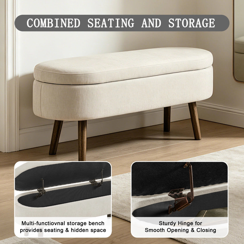 Panca contenitore con vano portaoggetti e coperchio ammortizzato in chenille e legno massello beige 110 × 40 × 42 cm