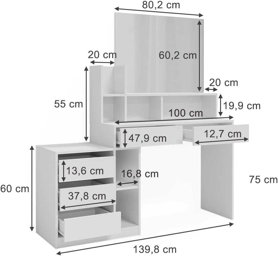 Scrivania Anja, Bianco, 139.8 x 40 cm con cassetti, adatto come postazione di lavoro o superficie d’appoggio in ambienti domestici