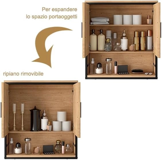 Mobiletto per Bagno Salvaspazio, Pensile da Bagno Sospeso con Mensola e Specchio, Ripiano Regolabile, 2 Ante con Maniglia, Rovere Chiaro+Nero