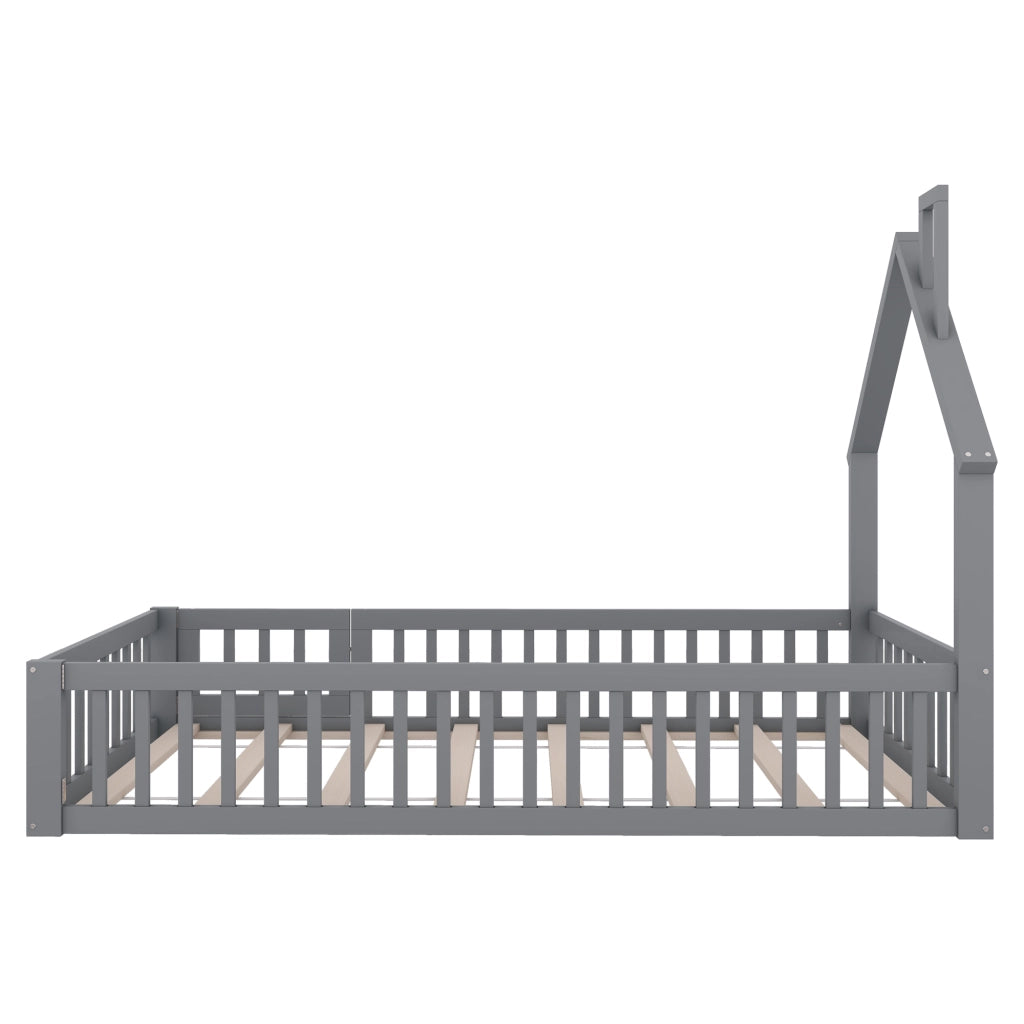 Letto Casetta Bambini 90x200 Grigio in Pino con Camino; Sponde Anticaduta e Rete a Doghe