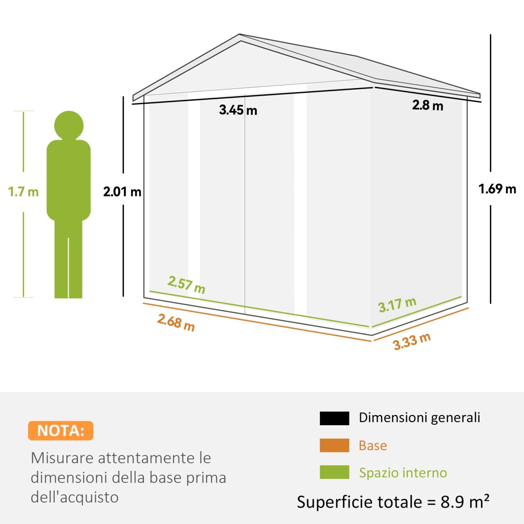 Casetta Porta Attrezzi 196x236x208 cm con Porte Scorrevoli e 4 Prese d'Aria in Acciaio e PP Grigio Chiaro