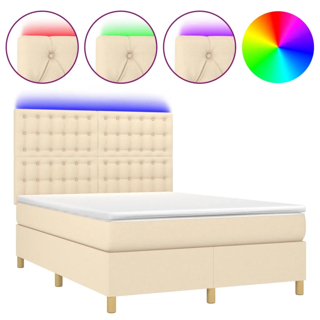 Letto a Molle con Materasso e LED Crema 140x200 cm in Tessuto