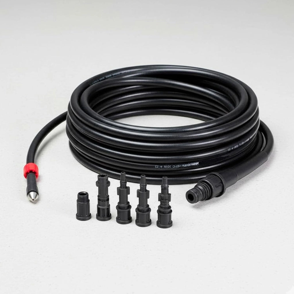 Sonda Sturatubi Da 15 M Per Idropulitrice Alta Pressione Con Sistema Antipiega Indicatori ad Anello Connettore in Rame 4 Adattatori Universali PVC Resistente Fino a 160 Bar Per Pulizia Tubazioni Nero