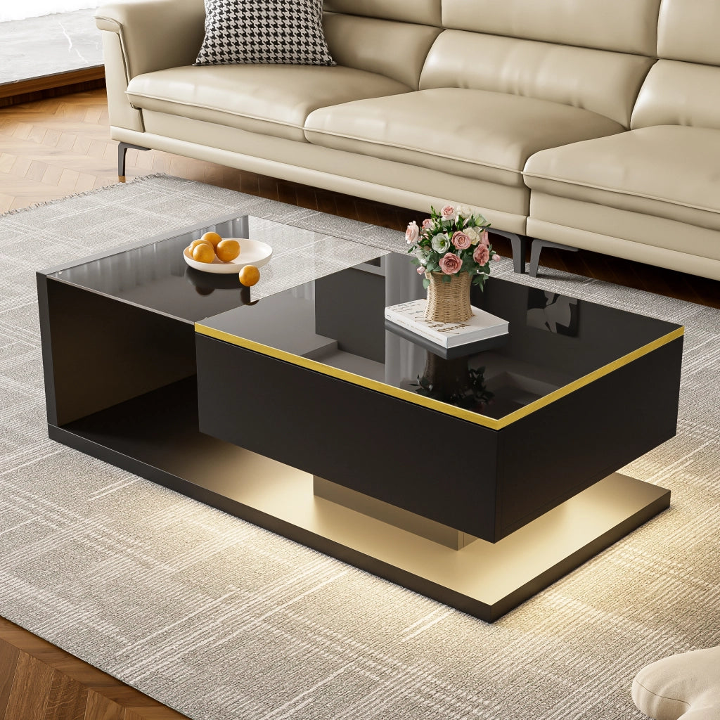 Tavolino Da Caffè 100 cm con Piano in Vetro e LED 16 Colori con App Bluetooth; Nero Lucido; in Truciolare; 100×50×32;5 cm