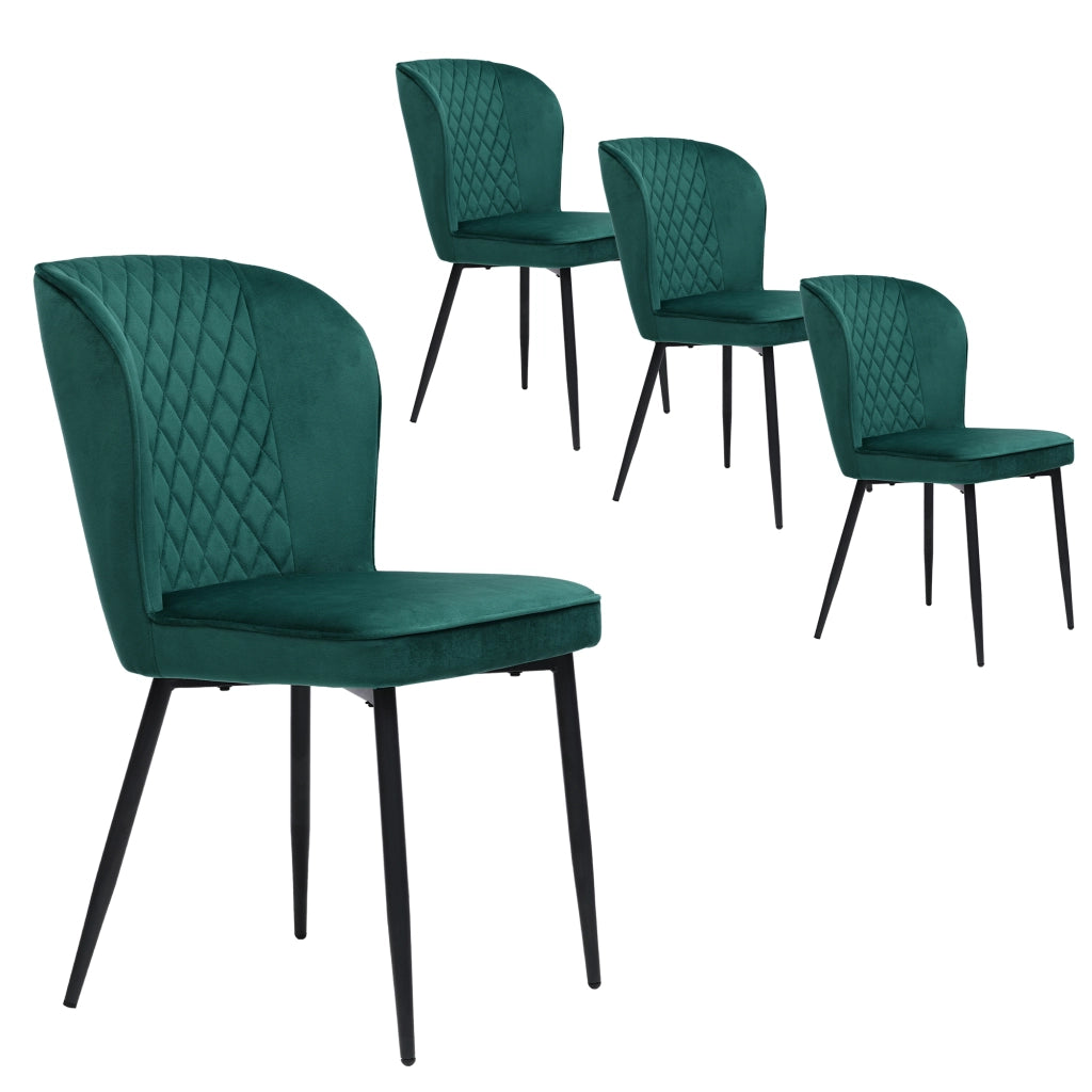 Sedia da pranzo in velluto; schienale ergonomico; struttura in metallo; verde