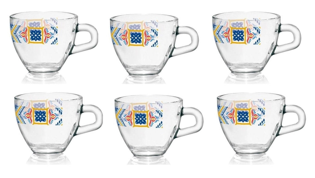 Set 6 Tazzine Tazze Caffe' in Vetro Valencia Rombi Azzurri 80 cc