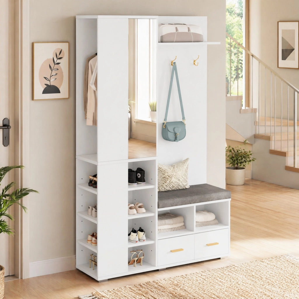 Mobile ingresso con specchio; barra appendiabiti; panca e 2 cassetti; bianco; 120x35x190 cm