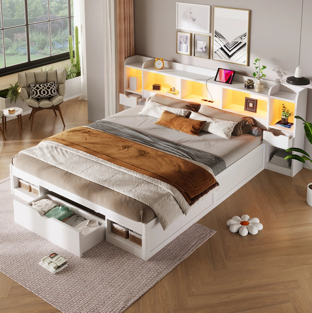 Letto a piattaforma 180x200 cm con cassetti e LED in MDF e compensato bianco