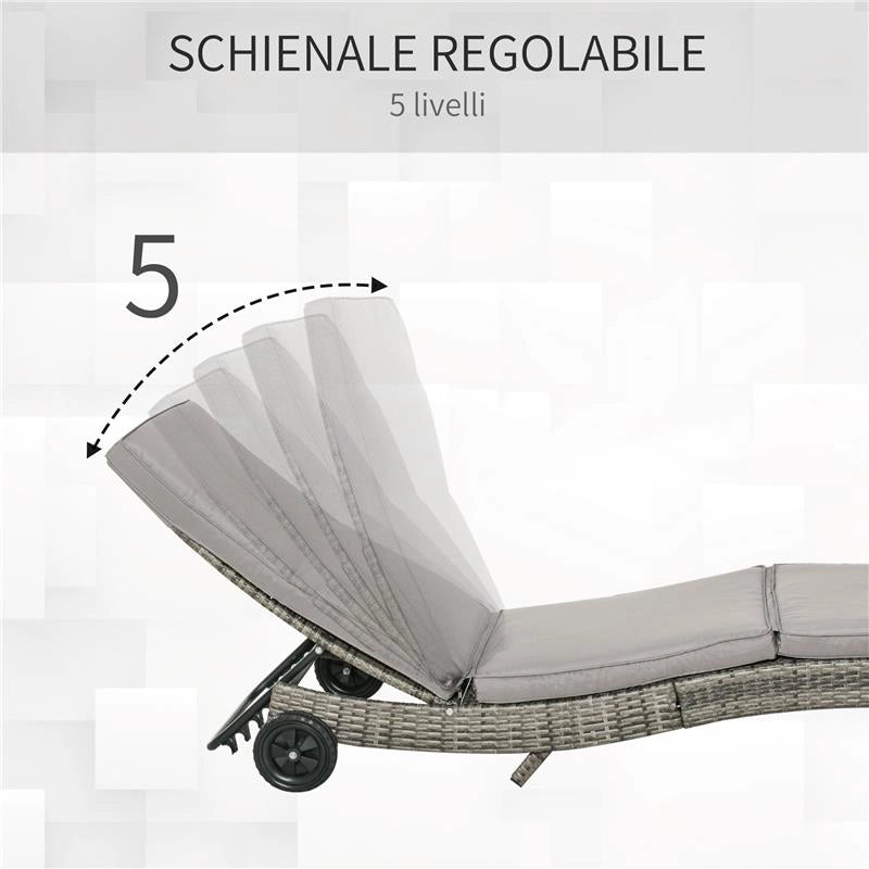 SDRAIO DA GIARDINO IN RATTAN PE CON SCHIENALE REGOLABILE E CUSCINO, 207X70X70CM, GRIGIO