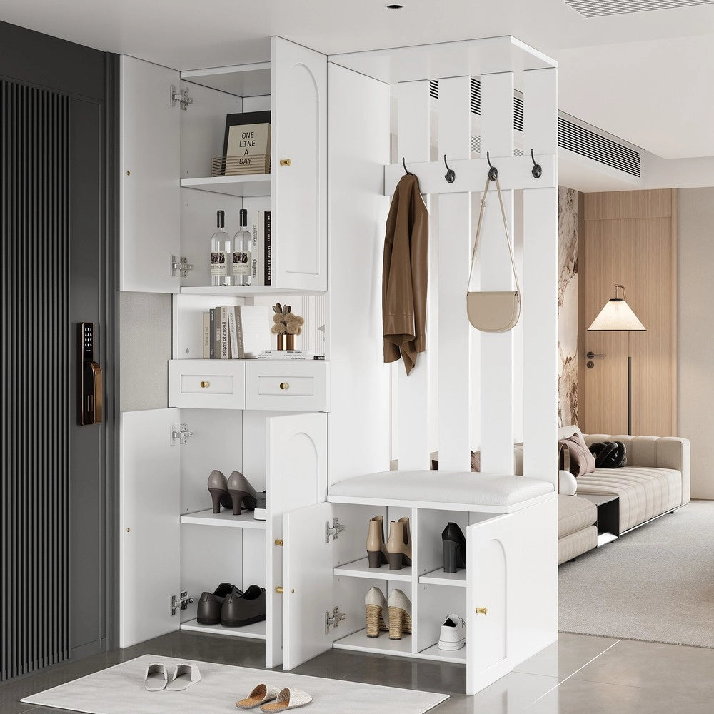 Set Ingresso con Scarpiera, Panca e Appendiabiti ¨C MINIMAL ¨C Bianco, 4 Ganci, 6 Ante, 2 Cassetti, 110x180x37 cm