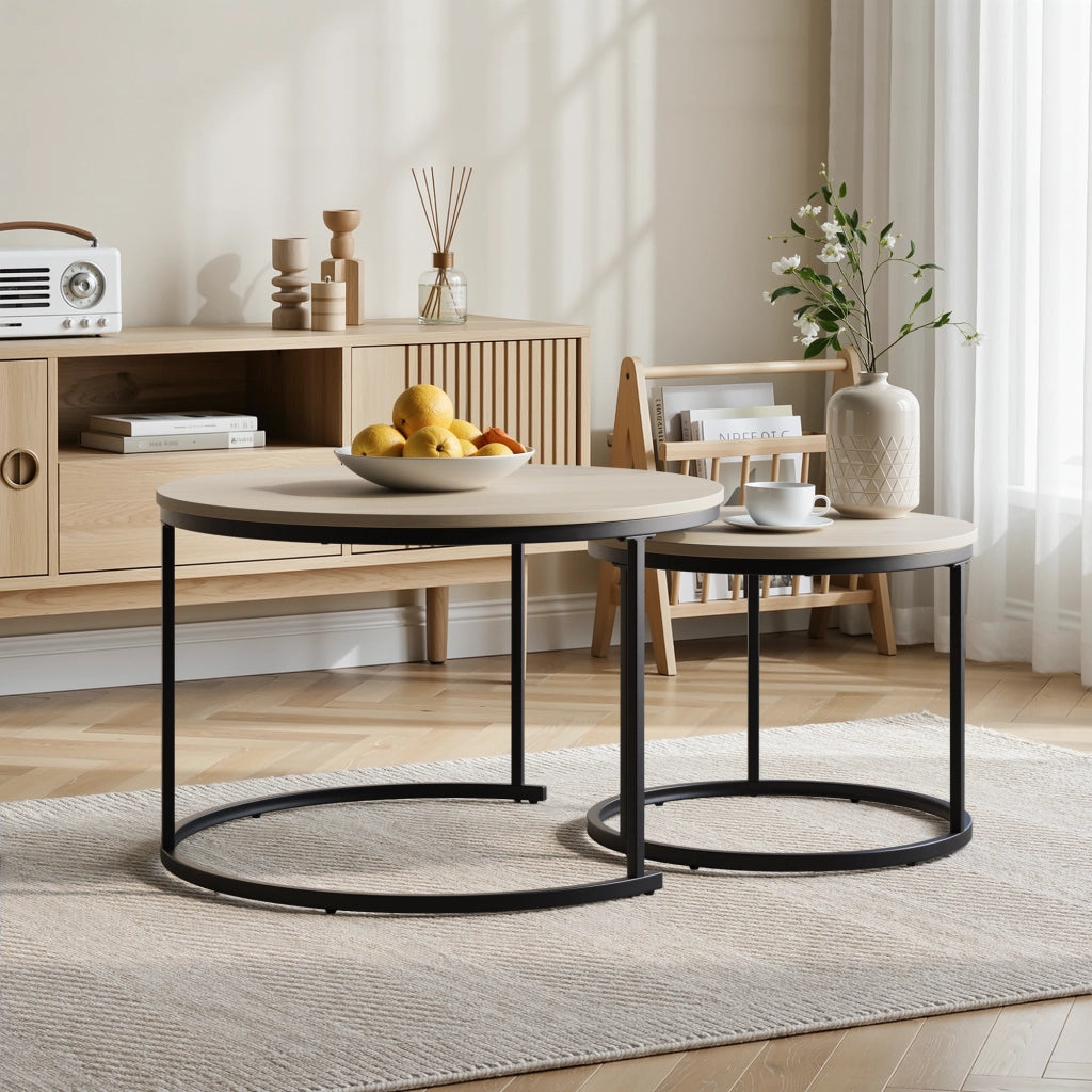 Set di 2 tavolini da salotto impilabili rotondi, effetto rovere, struttura in metallo, stile moderno