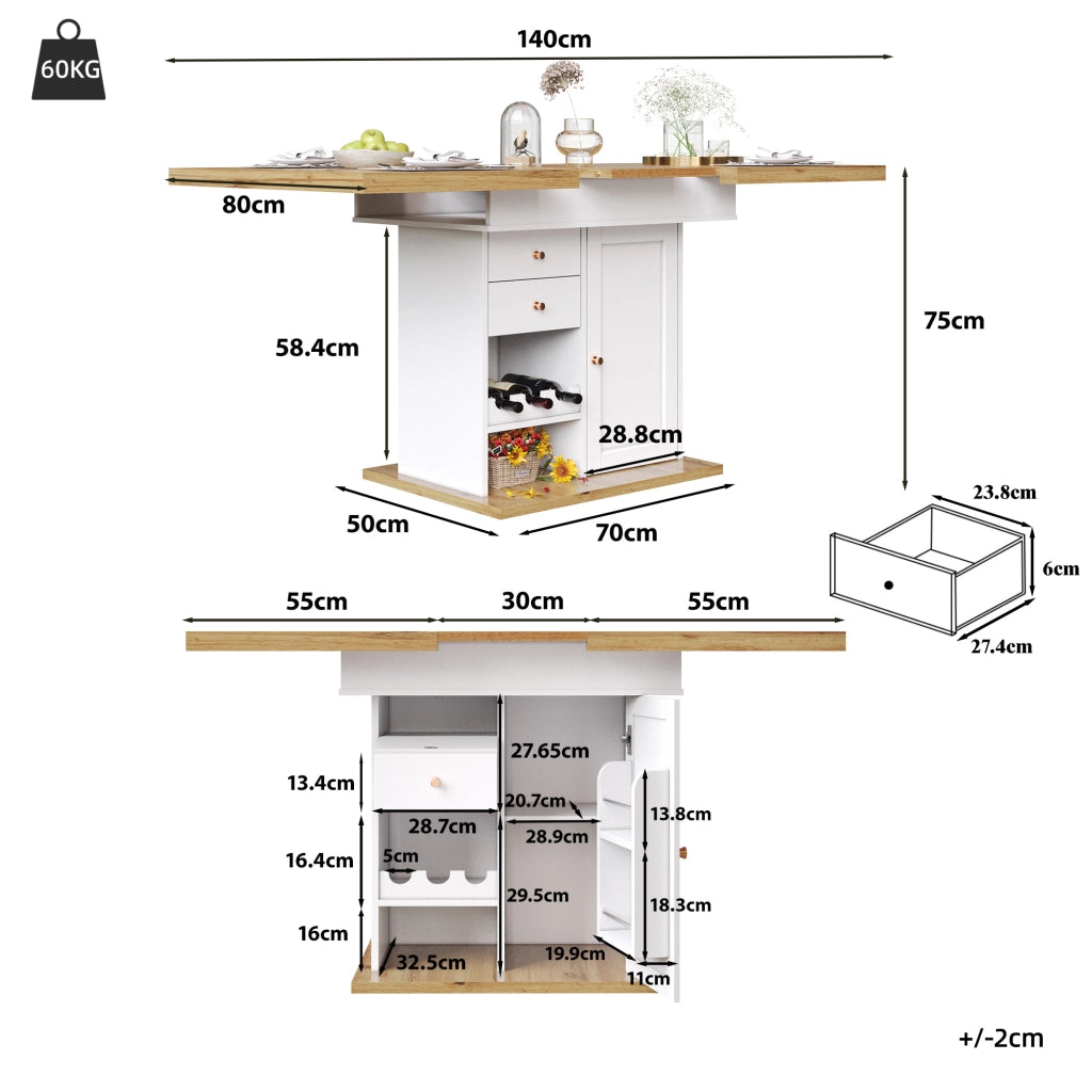 Tavolo da pranzo estensibile 110-140x80 cm con vani porta snack e vino