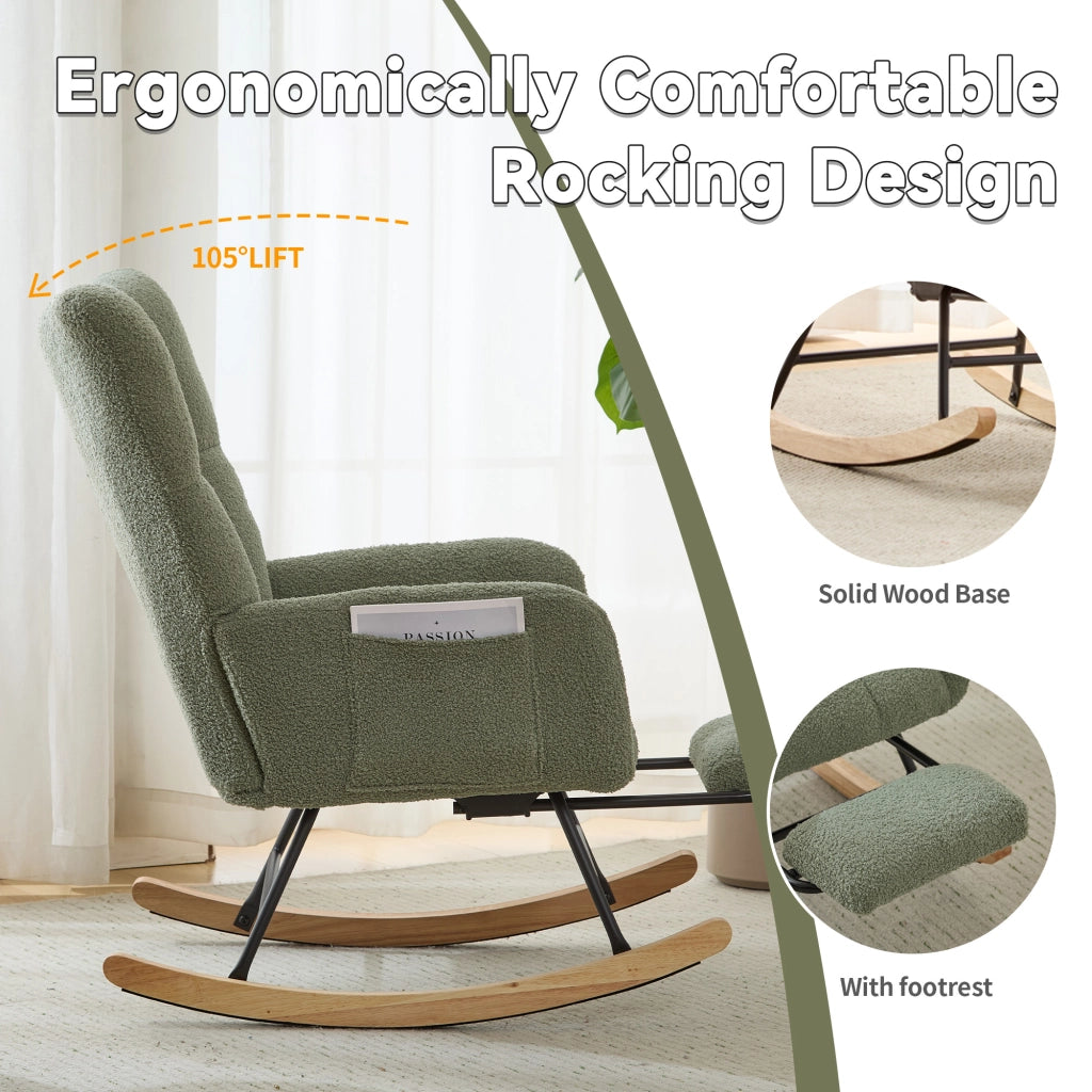 Poltrona a dondolo ergonomica con pouf, schienale avvolgente e braccioli, base in legno, in tessuto teddy verde