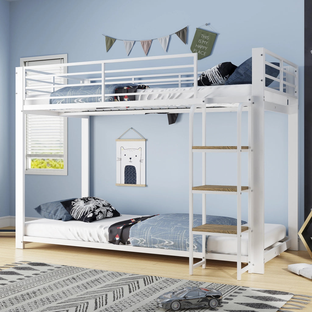 Letto a castello 90x200 cm in MDF e metallo bianco e noce con scala integrata e sponde di sicurezza
