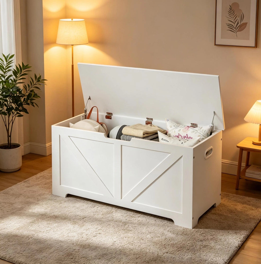 Panca contenitore ULEVR 100x40x47 cm con coperchio a cerniera, 76 L, bianca