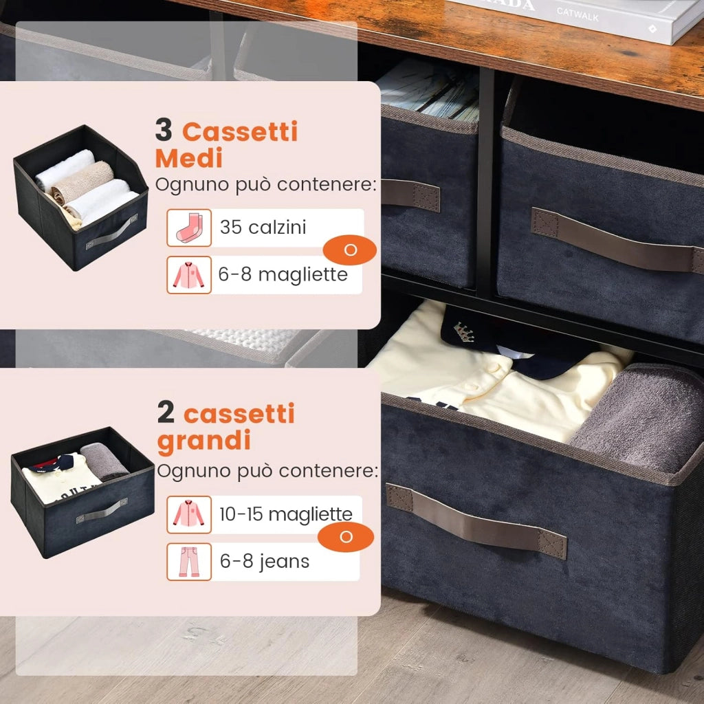Cassettiera con 5 Cassetti in Tessuto, Mobiletto Multiuso con Ripiano Superiore Aggiuntivo e Cassetti Pieghevoli Medi e Grandi, Comò per Camera da Letto Soggiorno Ingresso, Stile Industriale