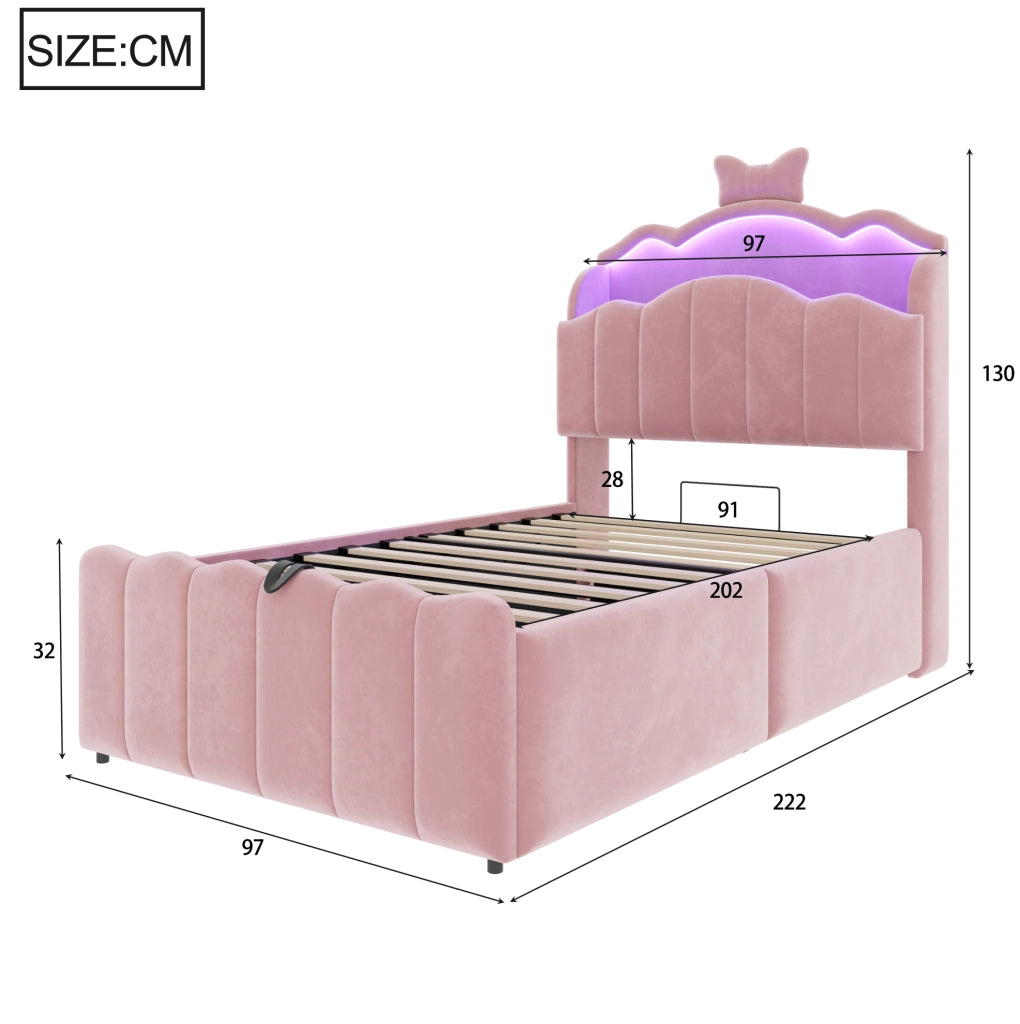 Letto per bambini imbottito 90x200 cm in velluto rosa con LED; USB; USB-C e contenitore
