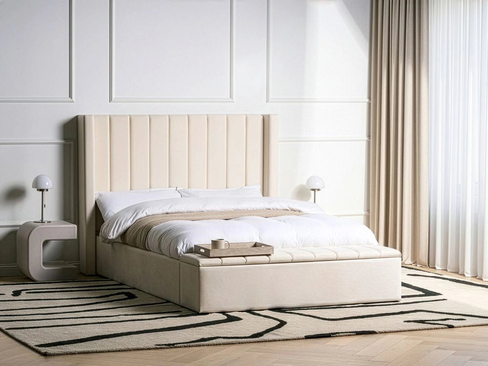 Letto matrimoniale velluto bianco sporco rete a doghe e cassapanca 140 x 200 cm stile moderno glam