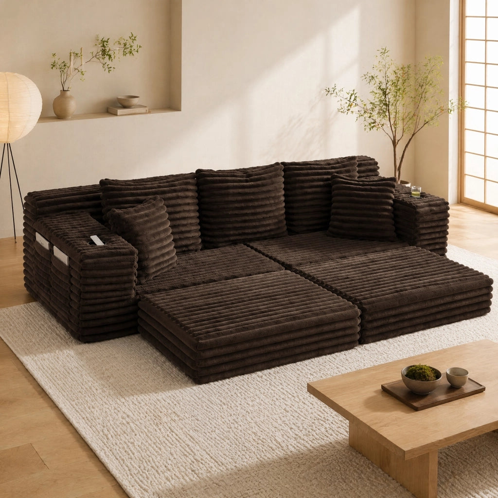 Divano in velluto a coste convertibile in letto, schienale alto, cuscini extra, tasche laterali e portabicchieri, colore caffè