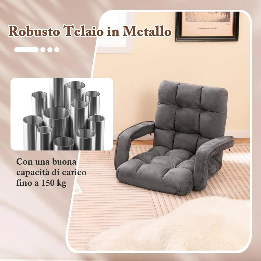 Sedia da Pavimento con Supporto Lombare, Poltrona Divano Regolabile a 6 Posizioni con Braccioli, Chaise Lounge per Soggiorno Camera da Letto, 60x64x54 cm