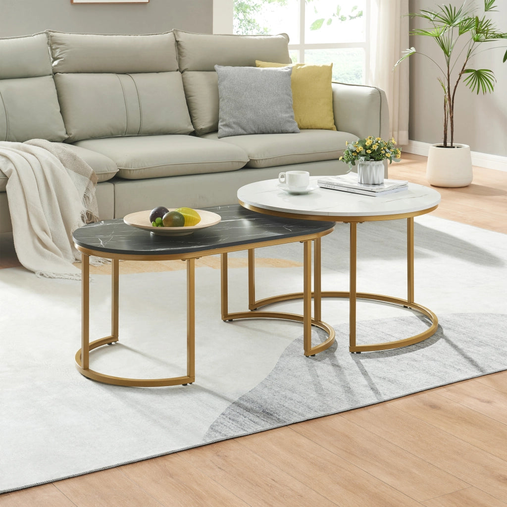 Set Oppeerg di 2 Tavolini Sovrapponibili da Salotto Rotondo e Ellittico - Effetto Marmo Nero-Bianco/Dorato [en.casa]