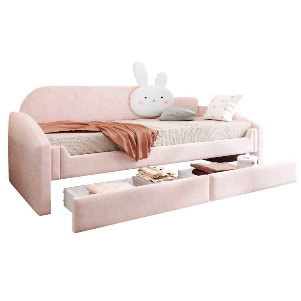 Letto bambino con contenitore 90x200 cm; LED; velluto rosa; con cassetti e cuscino coniglietto