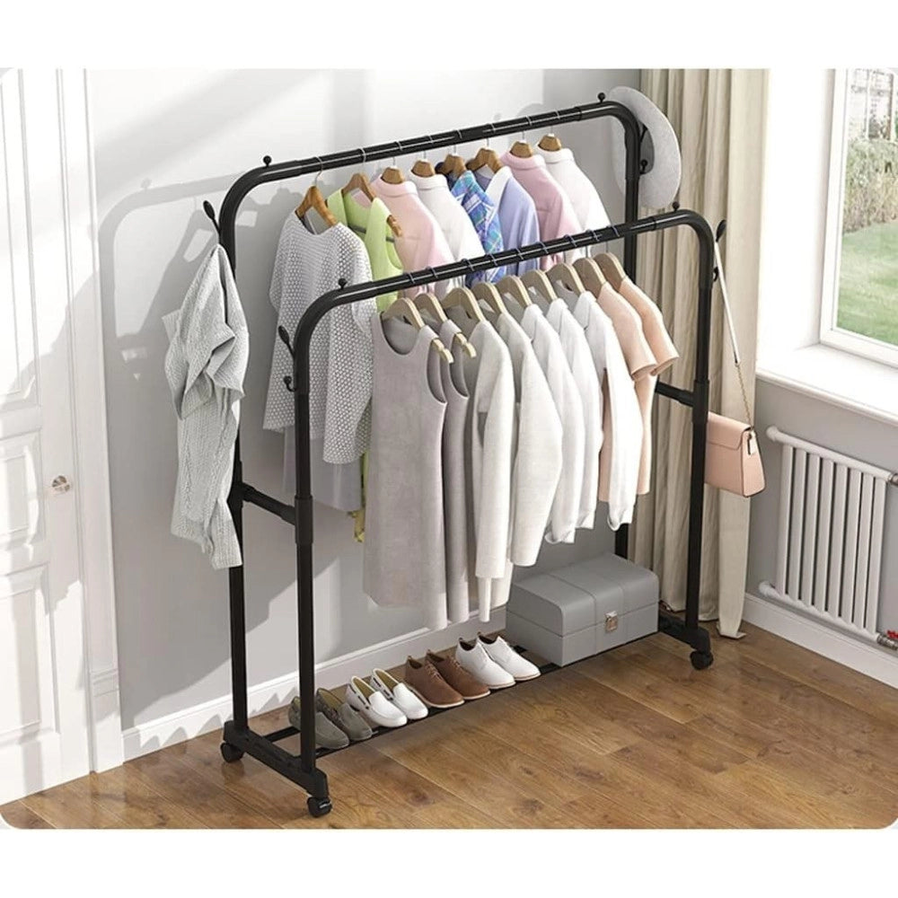 Trade Shop - Stand Appendiabiti Attaccapanni Abiti Stender Barra Doppio Con Ruote Freno Nero -