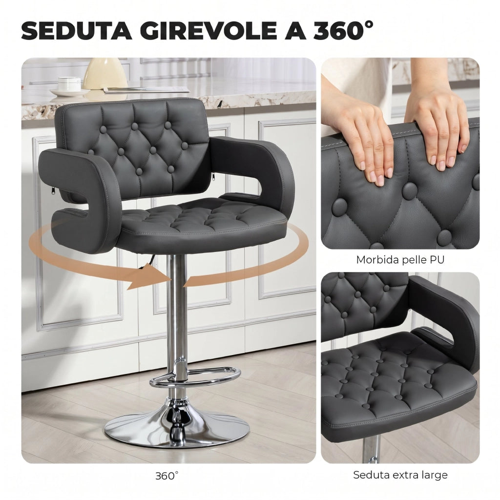 Sgabello da Bar Regolabile 61x50x93-113 cm Seduta Extra Large Girevole in Similpelle PU Grigio