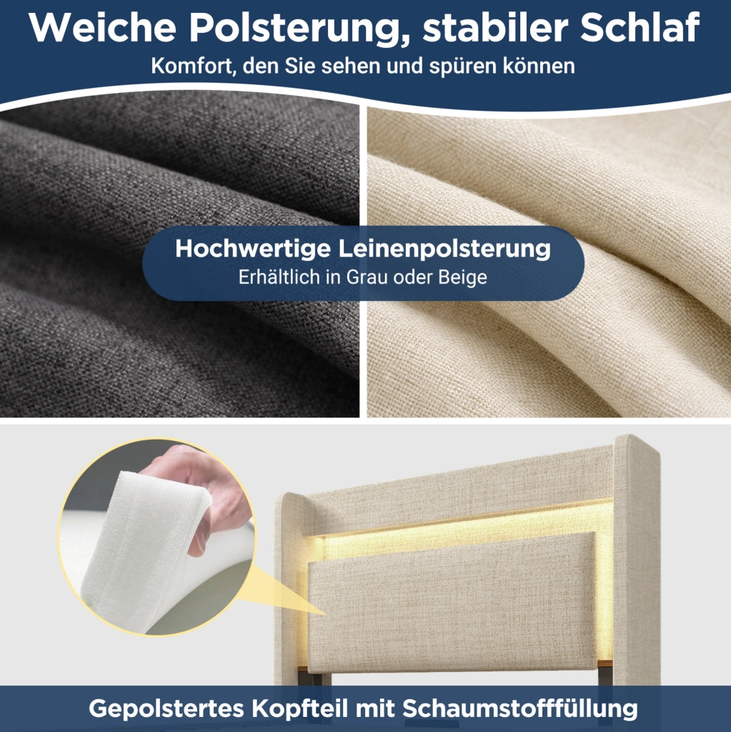 Letto imbottito 90x200 beige con LED, USB-C, contenitore e materasso