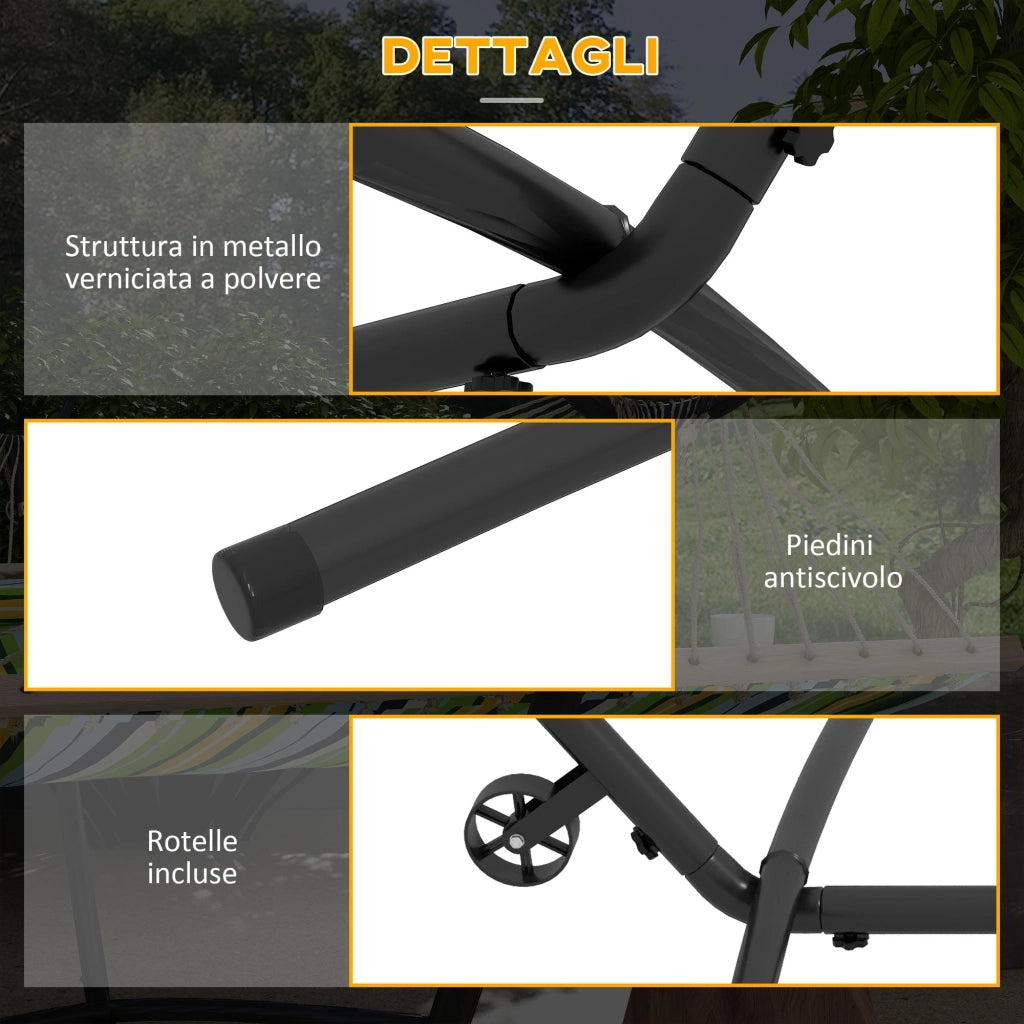Supporto per Amaca da 330 cm max con 6 Fori e Rotelle 290x120x115 cm in Metallo Nero
