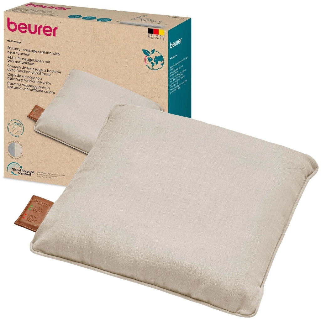 Beurer MG 139 - Cuscino massaggiante a batteria con funzione di calore, senza fili Shiatsu, calore commutabile, realizzato in materiale riciclato, lavabile in lavatrice, spegnimento automatico, 40 x