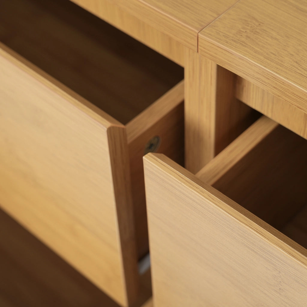 Comò sideboard 160 cm in rovere con 6 cassetti e ripiani laterali in bambù; 75x160x40 cm