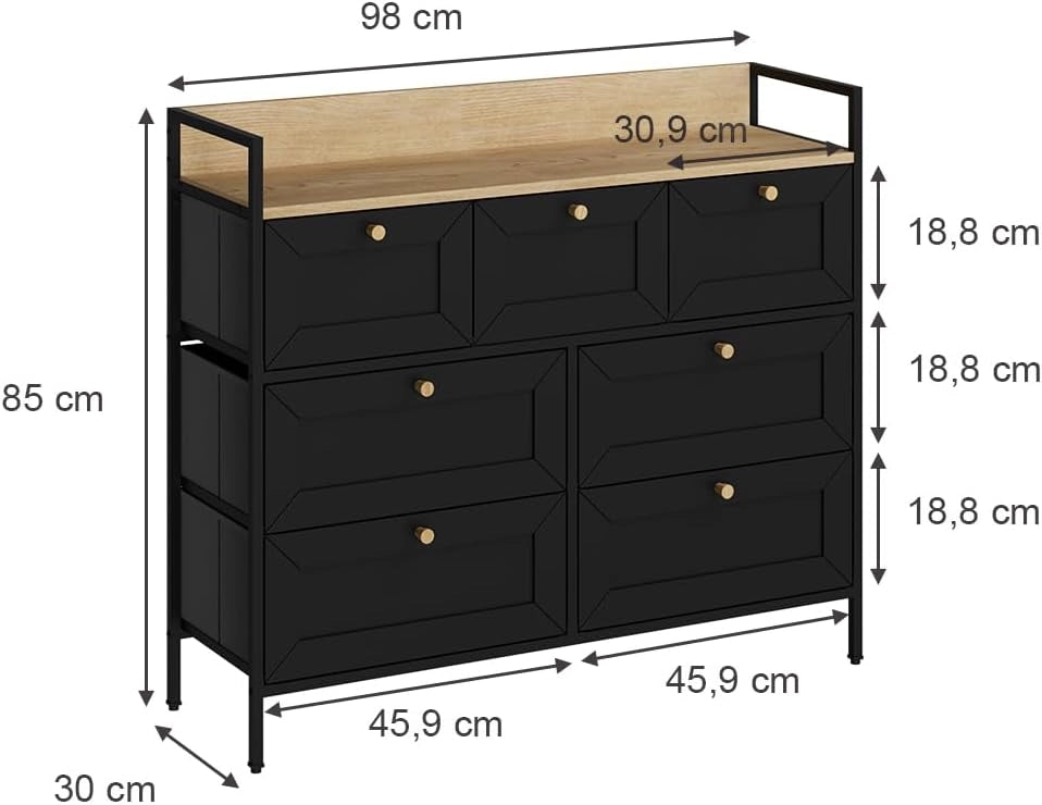 Cassettiera Belaro, Nero, 98 x 85 cm con 7 cassetti, per riporre abiti e oggetti di uso quotidiano