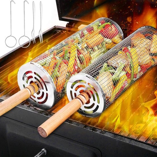 Grill per verdure a rullo in acciaio inossidabile con maniglia in legno - 2 pezzi