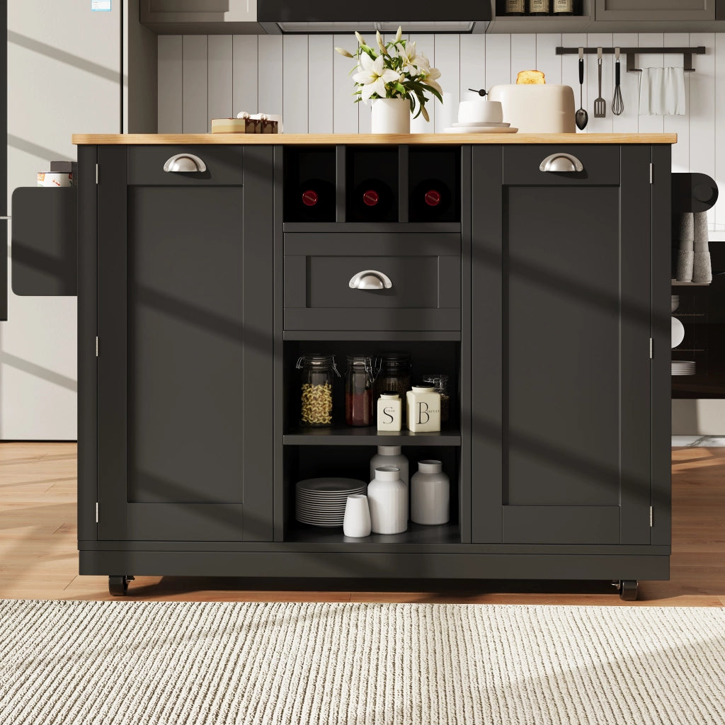 Carrello da cucina con 2 Ante e 1 Cassetto; Portasciugamani; Portabottiglie e Ruote; 140 x 40 x 93.5 cm; Nero