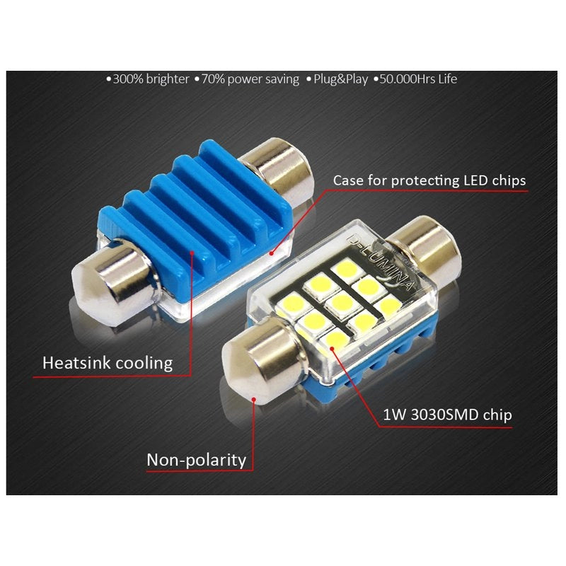 4 Lampade LED T11 Canbus 36mm 12V 2W con 6 SMD 3030 Bianco 6000K No Polarità