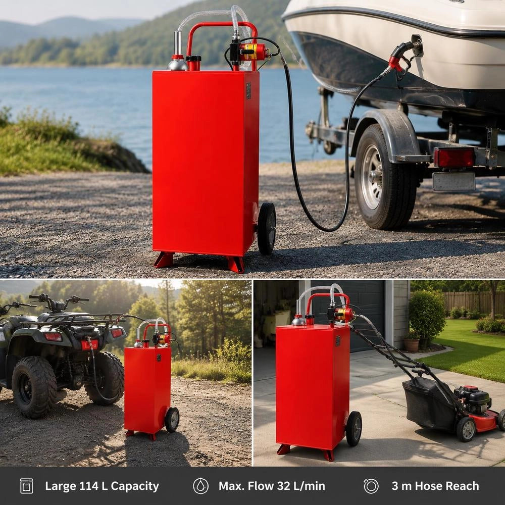 114 L Fuel Trolley, Max. Flow Rate 32 L/min, Diesel Tank With Electric Pump, Petrol Canister With 2 Wheels & 3 M Hose, Gas Tank For ATV, Car, Lawnmower, Boat, Motorcycle, Red