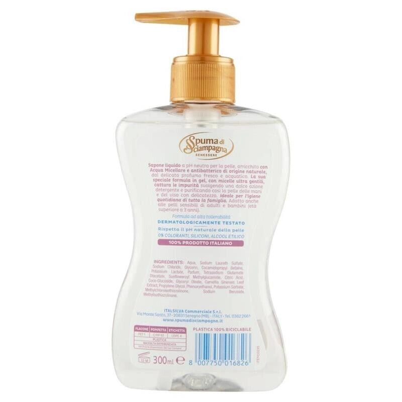 SPUMA DI SCIAMPAGNA SAPONE GEL ACQUA MICELLARE MANI E VISO 300 ML CON ANTIBATTERICO