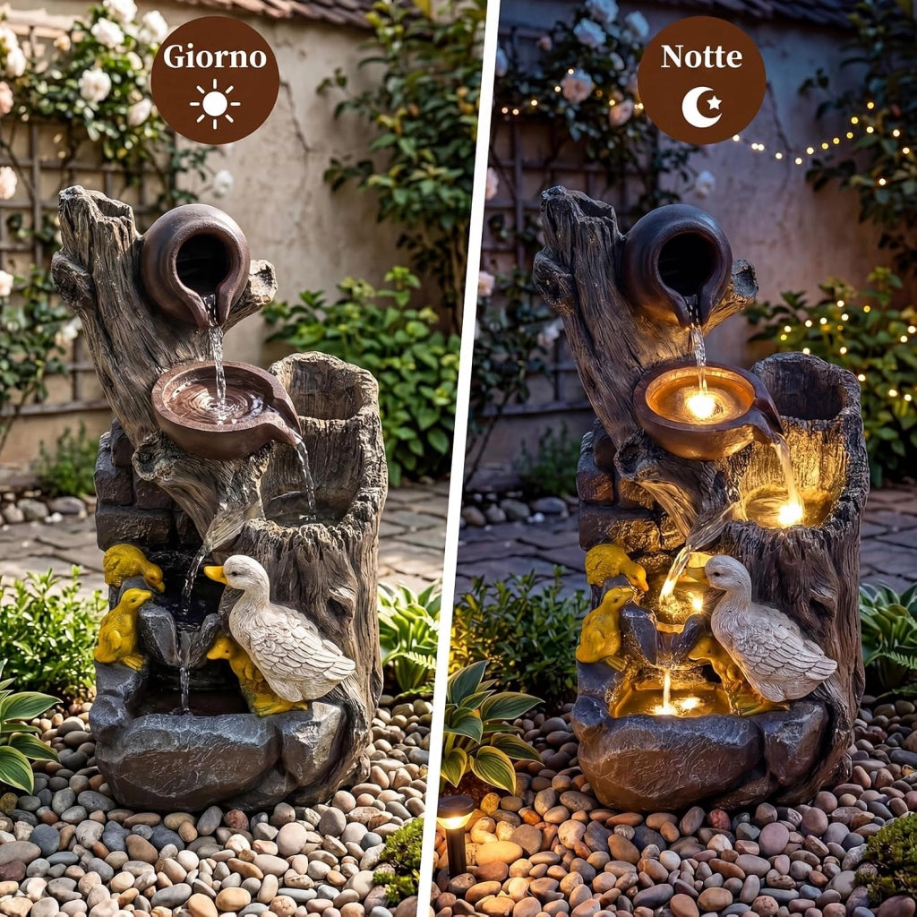 Fontana a Cascata da Esterno con Illuminazione LED e Pompa | Fontana da Giardino in Resina Effetto Pietra e Legno con Anatre per Cortile e Salotto 30 x 27 x 57 cm