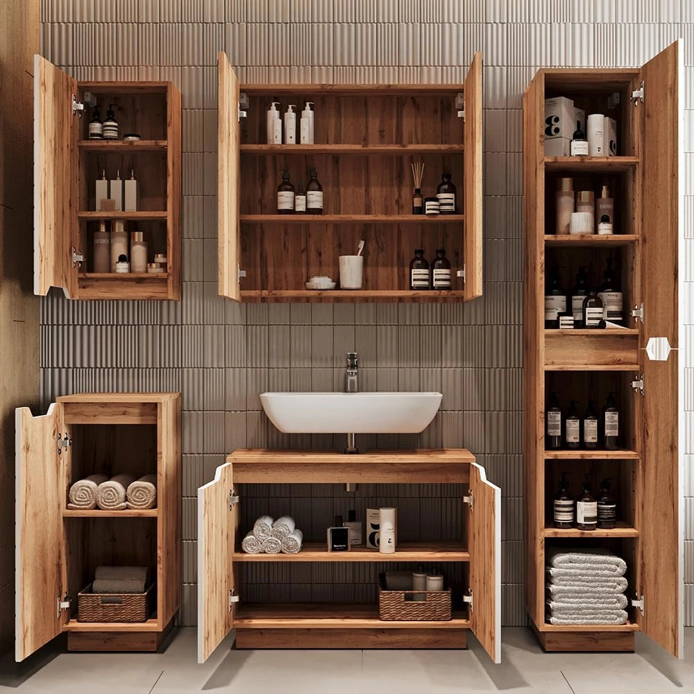 Set di mobili da bagno Lotta, Rovere/bianco a strisce, 3 parti