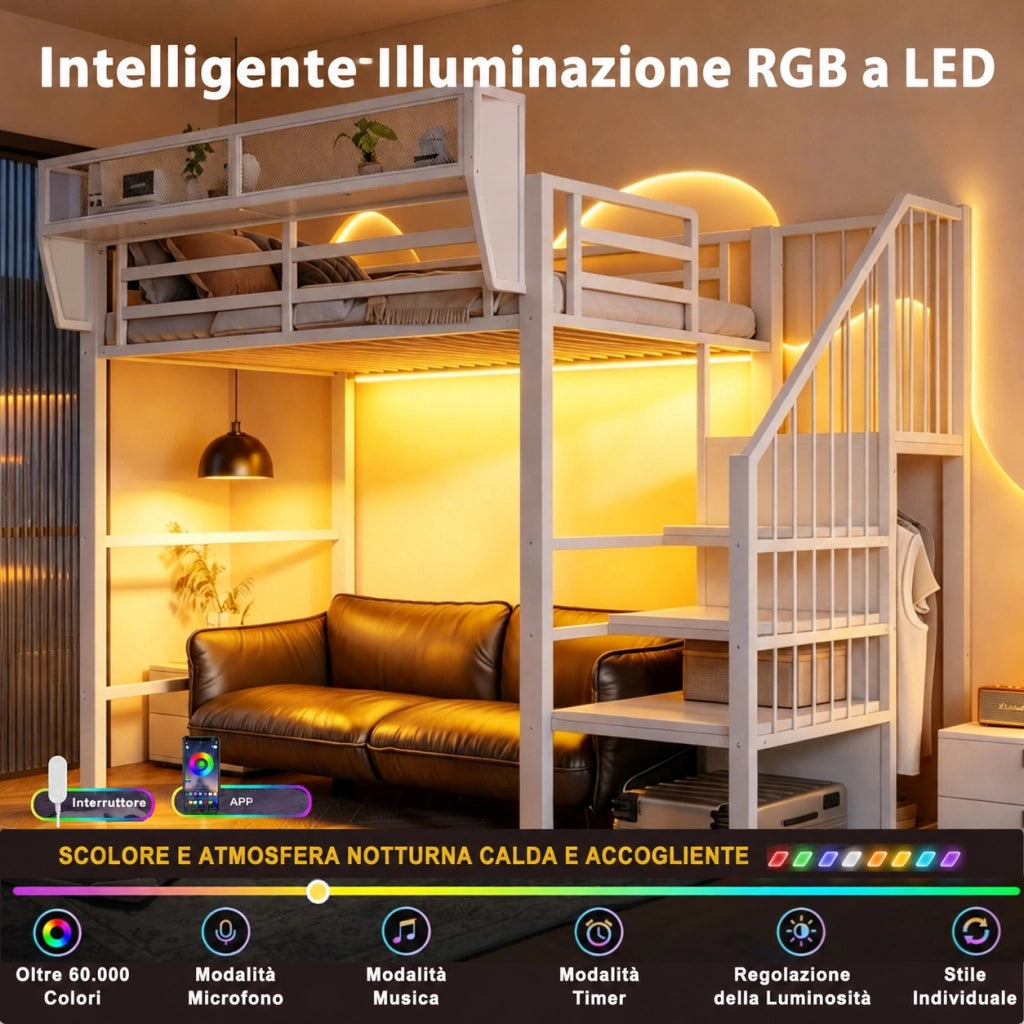 Letto a soppalco 90x200 con scala di sicurezza e LED, metallo e MDF, bianco e nero