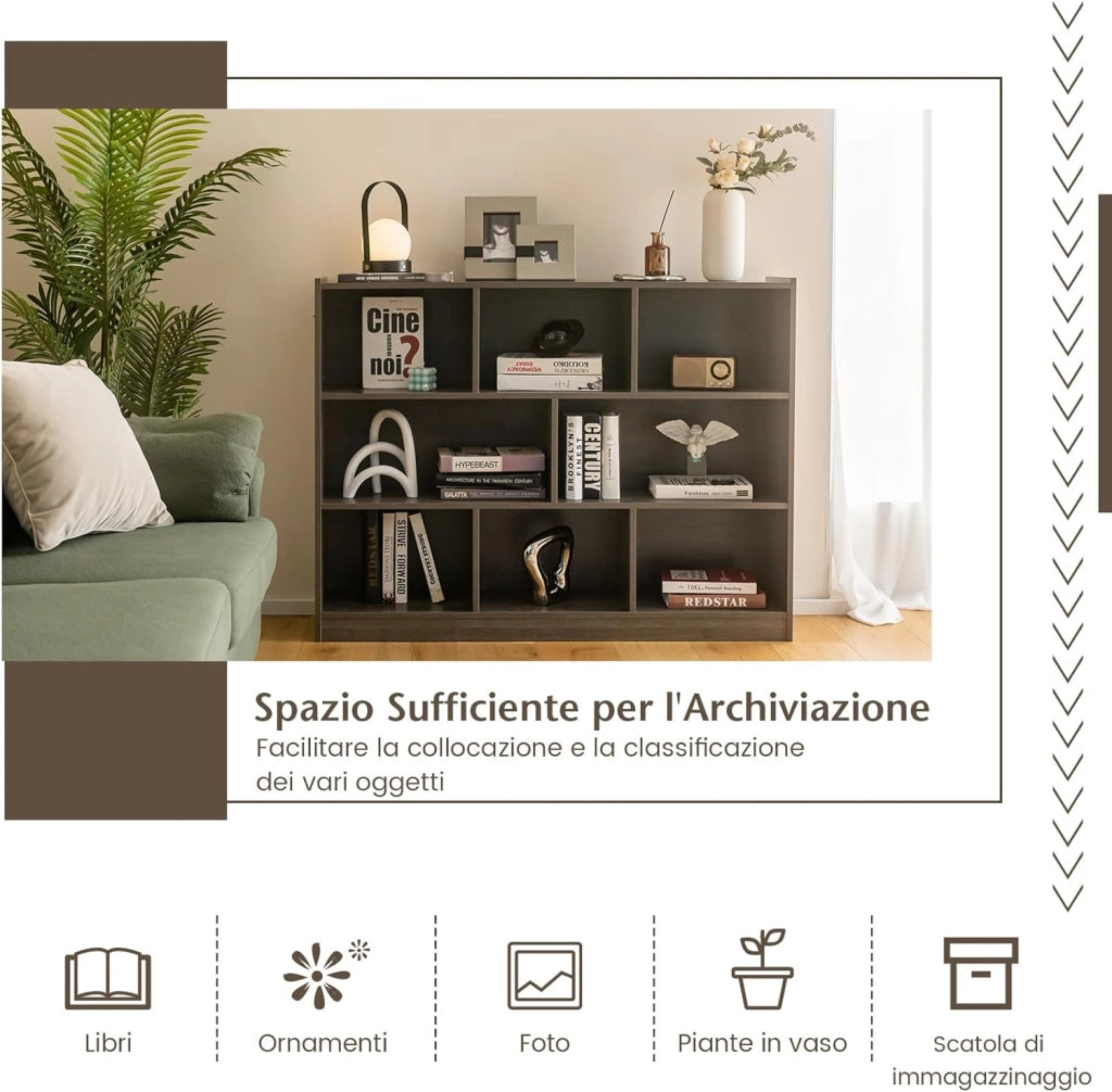 Scaffale Multiuso a 3 Livelli, Mobiletto Espositore Moderno a 8 Cubi, Libreria di Legno per Bambini, Organizer Giocattoli per Camera da Letto, Soggiorno, Studio (Grigio)