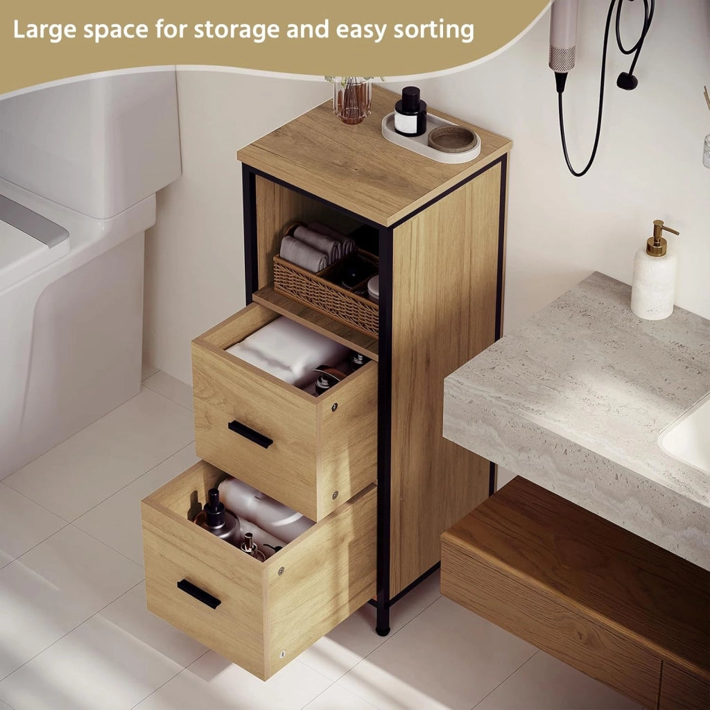 Mobile da Bagno a Terra, Mobiletto da Bagno a Colonna, 1 Scomparto Aperto e 2 Cassetti Estraibili, per Salotto, Camera, Cucina, in Legno e Metallo, 30x30x80cm, Nero+Rovere Chiaro