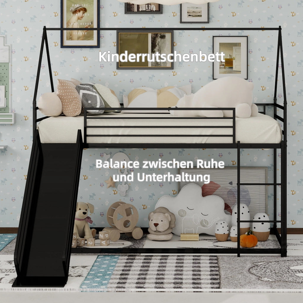 Letto a castello per bambini 90 × 190 cm con scivolo e scale, senza materasso, in ferro, nero