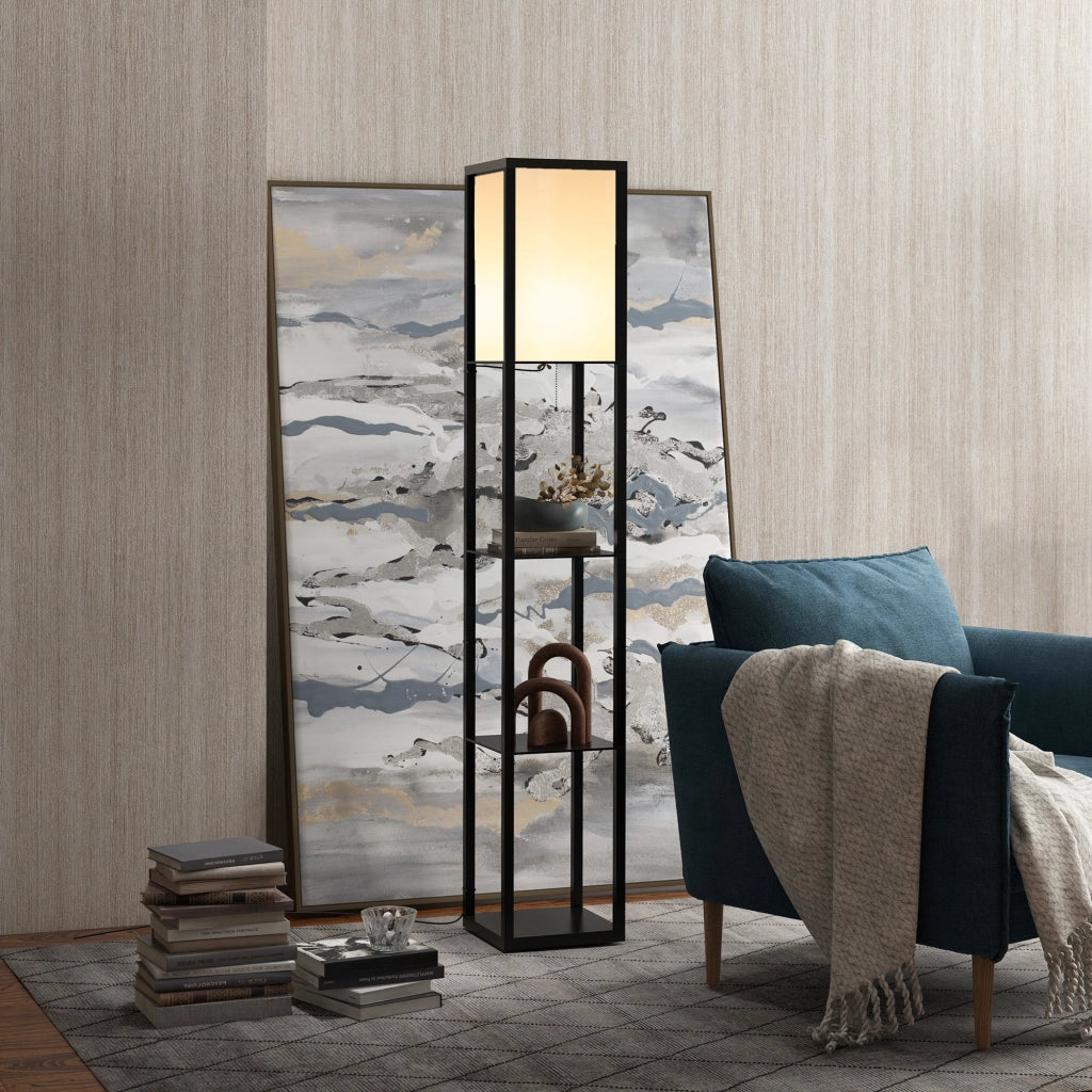 Lampada da terra con mensole E27, 40W, senza lampadina, in MDF nero, 26x26x160 cm