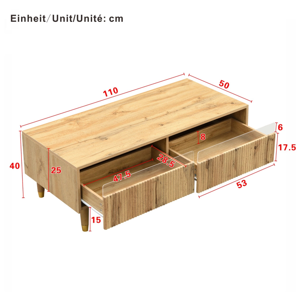 Tavolino da caffè LED 110x50x40 cm con 2 cassetti; MDF colore legno