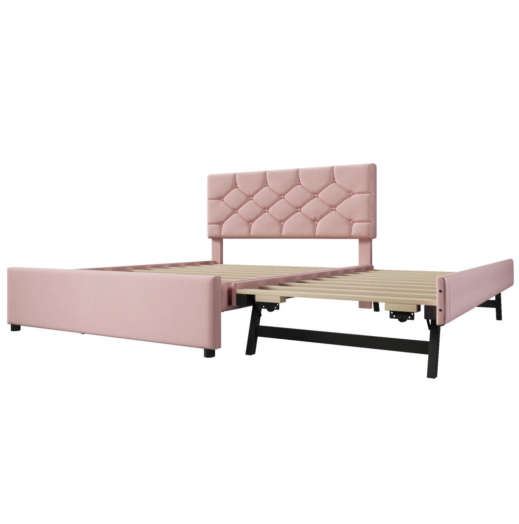 Letto imbottito 140x200 cm con letto estraibile e testiera con bottoni in velluto rosa
