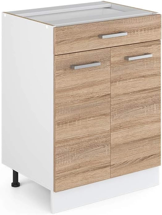 Mobiletto base per cucina R-Line, Sonoma, 60 cm con cassetto, senza piano di lavoro, per la libera combinazione all'interno di sistemi cucina modulari